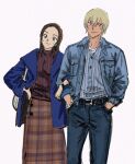  1boy 1girl amuro_tooru bag blonde_hair blue_coat blue_eyes brown_hair coat commentary_request couple cowboy_shot dark-skinned_male dark_skin denim denim_jacket enomoto_azusa green_eyes hair_between_eyes handbag hands_in_pockets highres jacket long_skirt looking_ahead masso meitantei_conan simple_background skirt smile sweater watch wristwatch 