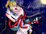  2girls arm_around_shoulder arm_around_waist ayase_eli bare_shoulders blonde_hair blue_eyes blush crossdressing dated e_len elbow_gloves full_moon gloves happy_birthday high_heels high_ponytail leg_up long_hair looking_at_another love_live! love_live!_school_idol_project low_twintails moon multiple_girls necktie ponytail purple_hair signature smile tiara toujou_nozomi twintails wedding yuri 