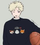  1boy all_nobori artist_name ball basketball_(object) black_shirt blonde_hair cat clothes_writing earrings english_commentary grey_background highres holding holding_ball jewelry long_sleeves male_focus one_eye_closed original parted_lips shirt simple_background solo upper_body 