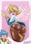 big_butt blonde_hair blue_clothing blue_eyes blue_hair blue_topwear blush blush_lines bodily_fluids breath_of_fire brown_clothing brown_legwear brown_tights butt camel_toe capcom clothing duo eyelashes feathered_wings feathers female genital_fluids grinding hair hi_res holding_object holding_staff human humanoid jewelry legwear looking_back male mammal necklace nina_(breath_of_fire_iv) open_mouth pink_background pink_body pink_feathers pummies rear_view ryu_(breath_of_fire_iv) short_hair simple_background smile staff sweat sweatdrop tan_body tan_skin thick_thighs tights topwear translucent translucent_wings vaginal_fluids white_background white_clothing white_topwear wide_hips winged_humanoid wings yellow_eyes
