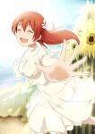  absurdres breasts brown_hair commentary_request dress emma_verde flower happy highres large_breasts long_hair love_live! love_live!_nijigasaki_high_school_idol_club outstretched_arms smile sunflower white_dress zasshoku_ojisan 