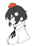  1641_(chfhrtor94) 1girl black_ribbon breasts closed_mouth collared_shirt commentary_request flat_color from_side hat looking_at_viewer medium_breasts neck_ribbon pom_pom_(clothes) puffy_short_sleeves puffy_sleeves red_eyes red_hat ribbon shameimaru_aya shirt short_hair short_sleeves simple_background solo tokin_hat touhou white_background white_shirt 