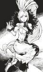  1girl absurdres breasts cleavage dress greyscale high_heels high_ponytail highres hilda_(under_night_in-birth) kawabata large_breasts monochrome ponytail solo swept_bangs two-tone_dress under_night_in-birth 