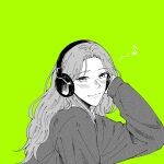  1girl airyuchuu bad_source blush commentary eighth_note green_background greyscale_with_colored_background hand_up headphones instagram_username kininatteru_hito_ga_otoko_ja_nakatta long_hair looking_at_viewer musical_note oosawa_aya parted_bangs smile solo sweater upper_body wavy_hair 