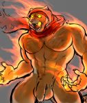  clothing cougar enraged felid feline fire flaming glowing headgear headwear hi_res hijab hyenaface male mammal muscular nude penis red_moon religious_clothing religious_headwear scar solo tabaxi 