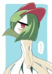  ... arms_behind_back bags_under_eyes blue_background colored_skin green_hair highres horns ino_(tellu0120) kirlia looking_at_viewer looking_back multicolored_skin pink_eyes pokemon pokemon_(creature) sidelocks simple_background square two-tone_skin white_skin 