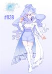  1girl absurdres alolan_ninetales blue_eyes blue_lips coat colored_eyelashes commentary creature_and_personification english_commentary full_body gradient_background hair_between_eyes highres long_hair no_shoes official_art_inset open_clothes open_coat open_mouth pencil_skirt personification pokemon pokemon_(creature) purple_background purple_eyes purple_skirt rhymewithray simple_background skirt standing thighhighs wavy_hair white_coat white_thighhighs 