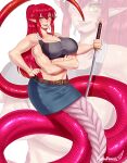 2023 4_arms apode bottomwear bra breasts clothing draconcopode female forked_tongue hair hi_res katana lamia legless long_tongue melee_weapon multi_arm multi_limb pashapencil pink_body pink_scales red_hair reptile scales scalie serpentine skirt snake solo split_form sports_bra sword tongue tongue_out underwear weapon yellow_eyes