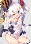  1girl ;d ahoge azur_lane bangs bare_shoulders black_bow blue_eyes blush bow breasts cleavage collarbone commentary_request covered_navel detached_sleeves dress eyebrows_visible_through_hair fang grey_background hair_between_eyes hand_on_thigh headgear holding holding_weapon long_hair long_sleeves looking_at_viewer one_eye_closed one_side_up open_mouth ribbed_dress signature silver_hair simple_background sitting sleeves_past_wrists small_breasts smile solo strapless strapless_dress sweat takashiru thighhighs universal_bullin_(azur_lane) weapon white_dress white_legwear white_sleeves 
