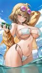  1girl absurdres ahoge anis_(nikke) anis_(sparkling_summer)_(nikke) bikini blush breasts brown_hair can drink_can eyepatch_bikini eyewear_on_head goddess_of_victory:_nikke grin groin haku_(liiixixixiii) highleg highleg_bikini highres holding holding_can huge_breasts jacket jacket_partially_removed looking_at_viewer navel official_alternate_costume open_clothes open_jacket outdoors short_hair side-tie_bikini_bottom sideboob skindentation smile solo stomach swimsuit thighs tinted_eyewear underboob wading water_drop white_bikini yellow_jacket 