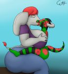  absurd_res big_breasts breasts duo elephant elephantid eyes_closed hi_res huge_breasts kissing lizard mammal proboscidean reptile scalie skunkdude13 