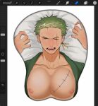  1boy art_program_in_frame bara breast_mousepad from_above frown green_hair highres japanese_clothes kimono large_pectorals lying male_focus mousepad_(medium) nipples on_back one_piece open_clothes open_kimono pectorals roronoa_zoro short_hair solo terufong 
