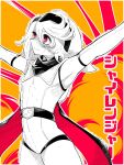 1girl april_fools armpits arms_up aygoftenover bare_shoulders breasts cape cowboy_shot detached_sleeves highres hood hood_up hooded_leotard leotard looking_up orange_background red_background red_eyes shy_(character) shy_(series) small_breasts smile solo translation_request two-sided_cape two-sided_fabric 