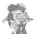 2boys aged_down belt bodysuit boku_no_hero_academia carrying carrying_person child closed_mouth collared_shirt commentary_request dual_persona fingernails freckles greyscale looking_at_another male_focus midoriya_izuku monochrome multiple_boys pocket roho_rkgk scarf shirt short_hair short_sleeves shorts simple_background slippers smile spiked_hair standing superhero_costume t-shirt tearing_up torn_clothes torn_scarf 