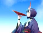  1girl bare_shoulders blue_sky breasts closed_eyes collarbone echo_(circa) eyeliner fate/grand_order fate_(series) headpiece horns japanese_clothes kimono long_sleeves makeup obi oni purple_hair purple_kimono revealing_clothes sash short_hair shuten_douji_(fate) skin-covered_horns sky small_breasts smile solo wide_sleeves 