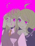 2girls 345_myk absurdres ahoge akamatsu_kaede blonde_hair blush closed_mouth collared_shirt danganronpa_(series) danganronpa_v3:_killing_harmony dual_persona grey_shirt hair_ornament hairclip hand_on_another&#039;s_face hand_on_another&#039;s_shoulder hands_up highres long_hair multiple_girls musical_note musical_note_hair_ornament necktie official_alternate_costume orange_necktie pink_eyes shirt smile sweater_vest 