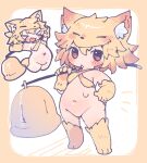  1girl animal_ear_fluff animal_ears animal_feet animal_hands bell blonde_hair blush bottomless breasts brown_eyes chibi commentary_request commission criss-cross_halter fox_ears fox_girl full_body gurumin_(gurruguru) hair_between_eyes halterneck hand_on_own_hip highres holding holding_staff looking_at_viewer medium_bangs moonlight_flower navel no_pussy open_mouth ragnarok_online second-party_source short_hair skeb_commission small_breasts staff standing tail thick_eyebrows x_navel 