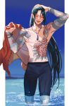  1boy bead_necklace beads fate/grand_order fate_(series) flower_tattoo full-body_tattoo hand_on_own_head holding holding_clothes holding_jacket jacket jewelry katagiri_(mighty_swing) long_hair male_focus necklace ocean open_mouth partially_submerged tattoo teeth topless_male wading wet wet_hair yan_qing_(fate) 
