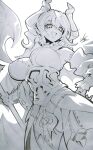  1girl arikanrobo armored_leotard breasts cleavage cowboy_shot demon_girl demon_horns demon_wings dress duel_monster gloves greyscale highres holding horns large_breasts looking_at_viewer lovely_labrynth_of_the_silver_castle low_wings monochrome multiple_wings pointy_ears smile solo twintails white_background wings yu-gi-oh! 