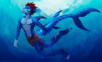  abs anthro board_shorts clothed clothing etsu_cuprumfox fish hair hi_res looking_at_viewer male marine nipples shark solo topless underwater water 