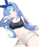  1girl bae_minah_(chaesu) bare_shoulders black_sports_bra blue_hair blue_jacket breasts coffeekite collarbone gradient_eyes hairband highres jacket light_blue_hair long_hair long_sleeves looking_at_viewer medium_breasts multicolored_eyes navel off_shoulder open_mouth original purple_eyes short_shorts shorts solo sports_bra white_shorts yellow_eyes 