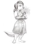  anthro bouquet clothed clothing female flower fully_clothed greyscale hair hi_res looking_at_viewer lutrine mammal monochrome mustelid oddwilds plant simple_background solo white_background 