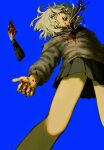  1girl bare_legs bleeding blonde_hair blood blood_on_clothes blood_on_face blood_on_hands blood_on_knife blood_on_weapon blood_splatter blood_stain blue_background blue_eyes commentary_request crazy_smile feet_out_of_frame foreshortening from_below guro highres injury knife legs long_sleeves looking_up medium_hair messy_hair miniskirt open_mouth original pleated_skirt school_uniform serafuku simple_background skirt smile solo standing suuno_kamibukuro sweater teeth weapon 