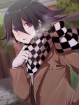  1boy 345_myk absurdres alternate_costume black_hair blush brown_jacket checkered_clothes checkered_scarf d: danganronpa_(series) danganronpa_v3:_killing_harmony day flipped_hair from_side hair_between_eyes hand_up highres hope&#039;s_peak_academy_school_uniform jacket long_sleeves looking_at_viewer looking_to_the_side oma_kokichi outdoors purple_eyes scarf school_uniform solo stone_floor tree 