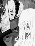  1girl absurdres bathroom cup different_reflection ear_piercing greyscale hanataro_(sruvhqkehy1zied) hand_on_own_head highres indoors long_hair long_sleeves mirror monochrome mug original parted_lips piercing reflection sink sparkle sweat tears upper_body 
