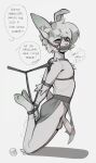 absurd_res anthro arms_tied balls blush bound clothed clothing dialogue duskihorns erection gag gagged genitals hair hi_res humanoid_genitalia lagomorph legs_tied leporid male mammal muffled penis rabbit simple_background speech_bubble tail text