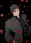  1boy absurdres akai_shuuichi black_background black_shirt collared_shirt commentary cowboy_shot falling_petals green_eyes grey_jacket grin hand_in_pocket hat highres jacket looking_ahead loose_hair_strand male_focus meitantei_conan petals popogano red_petals shirt simple_background smile solo symbol-only_commentary 