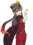  1boy belt black_cape black_hair black_hat buttons cape echo_(circa) family_crest fate/grand_order fate_(series) fiery_hair gloves hat jacket jewelry koha-ace long_hair long_sleeves looking_at_viewer mask necklace oda_nobukatsu_(fate) oda_uri open_mouth pants peaked_cap ponytail red_eyes red_jacket red_pants sidelocks smile solo very_long_hair white_gloves 