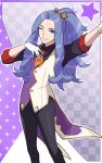  1boy absurdres alternate_costume arm_up black_pants black_shirt blue_hair bright_pupils collared_shirt commentary_request contemporary gloves grey_eyes grin hair_ornament hand_up highres long_hair looking_at_viewer male_focus melli_(pokemon) natu_hiroto one_eye_closed pants pokemon pokemon_legends:_arceus shirt sidelocks smile solo star_(symbol) teeth vest white_gloves white_pupils 