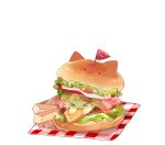  &gt;_&lt; animal_focus bacon cheese egg_(food) food food_focus french_fries highres in_food lettuce meat no_humans poke_ball_symbol pokemon pokemon_(creature) simple_background sprigatito tomato white_background yupo_0322 
