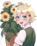  1boy artist_name basil_(faraway)_(omori) basil_(omori) blonde_hair blue_eyes blush collared_shirt corrupted_twitter_file flower flower_pot green_sweater_vest hair_flower hair_ornament highres holding holding_flower_pot idawnrunner looking_at_viewer omori open_mouth plant potted_plant shirt short_hair short_sleeves simple_background smile solo sweater_vest teeth upper_body upper_teeth_only white_background white_shirt 