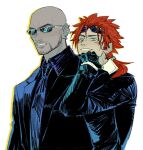  2boys bald black_jacket black_necktie black_shirt blue_eyes earrings eyewear_on_head facial_hair final_fantasy final_fantasy_vii final_fantasy_vii_rebirth final_fantasy_vii_remake hand_on_another&#039;s_shoulder jacket jewelry long_sleeves low_ponytail male_focus multiple_boys necktie parted_lips red_hair reno_(ff7) rude_(ff7) shirt spiked_hair suit_jacket sunglasses turks_(ff7) unlckdrat upper_body white_background white_shirt 