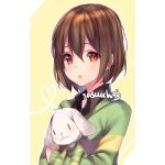  1other :o androgynous asriel_dreemurr blush brown_hair chara_(undertale) character_doll collared_shirt doll green_sweater hair_between_eyes heart holding holding_doll long_sleeves looking_at_viewer open_mouth orange_eyes sasucchi95 shirt short_hair solo striped_clothes striped_sweater sweater undertale upper_body yellow_background yellow_sweater 