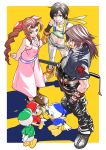  2girls 4boys aerith_gainsborough belt black_gloves border bow breasts brown_hair cleavage dewey disney dress duck_tales eyebrows_visible_through_hair final_fantasy final_fantasy_vii final_fantasy_viii fingerless_gloves forehead_protector gloves gunblade hair_bow hat holding holding_weapon huey kingdom_hearts kingdom_hearts_i ko102k1 looking_at_viewer louie_(disney) midriff multiple_boys multiple_girls navel open_mouth pink_dress ponytail shadow short_shorts shorts simple_background smile squall_leonhart standing stomach weapon white_border yellow_background yuffie_kisaragi 