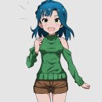  1girl :d bare_shoulders blue_hair blush braid breasts brown_shorts cowboy_shot detached_sleeves dot_nose eyelashes forehead green_sweater grey_background hand_up idolmaster idolmaster_million_live! idolmaster_million_live!_theater_days long_sleeves looking_at_viewer medium_breasts nanao_yuriko nejime_(nejimeinu) off_shoulder open_mouth parted_bangs short_hair shorts sidelocks simple_background smile solo standing sweater v-shaped_eyebrows yellow_eyes 