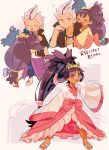  1boy 1girl :d ^_^ closed_eyes commentary_request crown dark-skinned_female dark_skin drayton_(pokemon) dress frilled_dress frills headpat highres iris_(pokemon) long_hair low-tied_long_hair multicolored_hair notice_lines open_mouth pokemon pokemon_bw pokemon_bw2 pokemon_sv purple_hair sandals short_hair smile streaked_hair toes tokuura translation_request two-tone_hair white_hair wide_sleeves yellow_eyes 