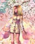  1girl absurdres black_hair blonde_hair cherry_blossoms chinaisobad clothing_request colored_skin commentary_request eyelashes fairy fairy_wings green_eyes heart heart-shaped_pupils highres hua_po_(megami_tensei) medium_hair multicolored_background multicolored_hair multiple_wings red_skin shin_megami_tensei single_tear solo standing symbol-shaped_pupils tree two-tone_hair wings yellow_nails 