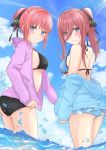  2girls ass bangs bikini black_bikini black_ribbon blue_bikini blue_eyes blue_sky blue_sweater blush breasts brown_hair closed_mouth cloud eyebrows_visible_through_hair frilled_skirt frills go-toubun_no_hanayome hair_between_eyes hair_ribbon halterneck high_ponytail hood hoodie large_breasts looking_back multiple_girls nakano_miku nakano_nino ocean partially_submerged pink_hair ponytail purple_sweater ribbon sideboob skirt sky smile standing sweater swimsuit thighs user_ugvg3734 water water_drop waves 