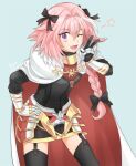  1boy astolfo_(fate) black_bow black_thighhighs blue_background bow braid cape cowboy_shot fang fate/apocrypha fate_(series) fon-due_(fonfon) garter_straps gloves hair_bow hand_on_own_hip long_hair looking_at_viewer male_focus multicolored_hair one_eye_closed open_mouth otoko_no_ko pink_hair purple_eyes single_braid solo streaked_hair thighhighs 