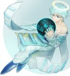  1boy bare_shoulders blue_eyes blue_footwear blue_hair bodysuit chart closed_mouth collarbone fon-due_(fonfon) fugen_shinjin glowing_halo hair_between_eyes halo holding houshin_engi long_hair looking_at_viewer loose_clothes male_focus pie_chart short_hair sleeves_past_wrists solo strap white_bodysuit 