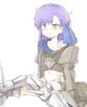  1girl aged_down armored_boots bare_shoulders black_jacket blue_eyes blue_ribbon blush boots breasts coffeekite collarbone cropped_jacket crotch_plate fate/extra fate/extra_ccc fate_(series) hair_ribbon jacket long_hair long_sleeves meltryllis_(fate) navel off_shoulder oversized_clothes prosthesis prosthetic_leg purple_hair ribbon sitting sleeves_past_fingers sleeves_past_wrists small_breasts solo very_long_hair 