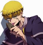  1boy black_nails blonde_hair capelet cell_war facial_mark hairband highres himazinn100 licking long_sleeves mashle purple_capelet rock short_hair solo spiked_hairband spikes upper_body yellow_eyes 