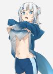  1girl :o bike_shorts blue_hair blunt_bangs breasts commentary cowboy_shot fins fish_tail gawr_gura gawr_gura_(1st_costume) grey_background highres hololive hololive_english long_sleeves looking_at_viewer medium_hair multicolored_hair navel no_bra shark_tail sharp_teeth simple_background small_breasts solo streaked_hair sweatdrop tail tanabe_(fueisei) teeth two_side_up undressing upper_teeth_only virtual_youtuber white_hair 