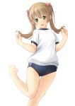  1girl :d barefoot blue_buruma blush brown_hair buruma commentary_request feet_out_of_frame green_eyes gym_shirt gym_uniform hair_between_eyes hair_ribbon head_tilt highres looking_at_viewer original pink_ribbon puffy_short_sleeves puffy_sleeves ribbon shibacha shirt short_sleeves signature simple_background smile solo standing standing_on_one_leg twintails white_background white_shirt 
