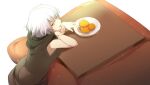  1girl black_sweater breasts echo_(circa) fate/grand_order fate_(series) food fruit grey_hair hood hooded_sweater jeanne_d&#039;arc_alter_(avenger)_(fate) jeanne_d&#039;arc_alter_(fate) kotatsu large_breasts looking_at_viewer mandarin_orange open_mouth short_hair sleeveless sleeveless_sweater solo sweater table yellow_eyes 