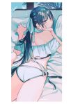  bikini black_hair cup drunk fate/grand_order fate_(series) from_above from_behind hair_ribbon hand_on_own_cheek hand_on_own_face holding holding_cup jing_ke_(fate) jing_ke_(water_shine)_(fate) katagiri_(mighty_swing) leg_up looking_at_viewer looking_back lying on_bed on_stomach ribbon swimsuit 